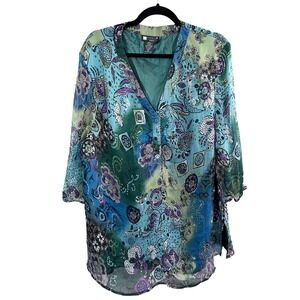 VTG Carole Little Silk Popover Top 3X Blue Floral Paisley 3/4 Sleeve Boho Hippie